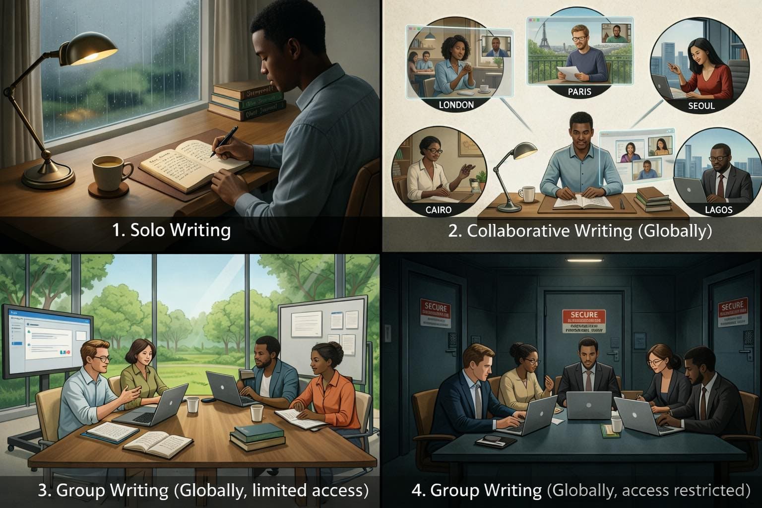 NextScenes writing modes: solo, collaborative, group limited access, group restricted access