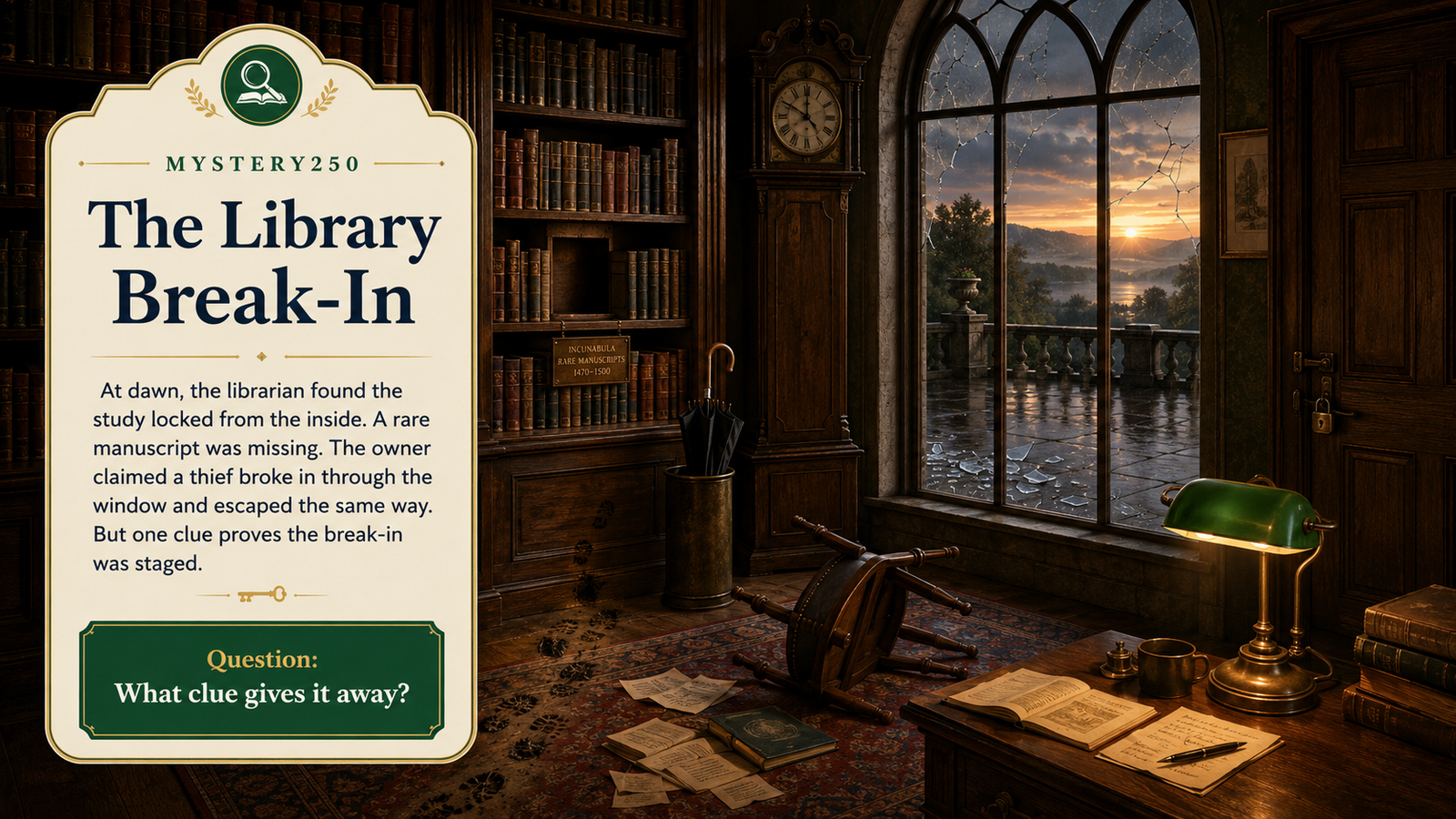 A branded Mystery250 library break-in puzzle poster showing a locked study, broken window, scattered papers, and glass outside the window.