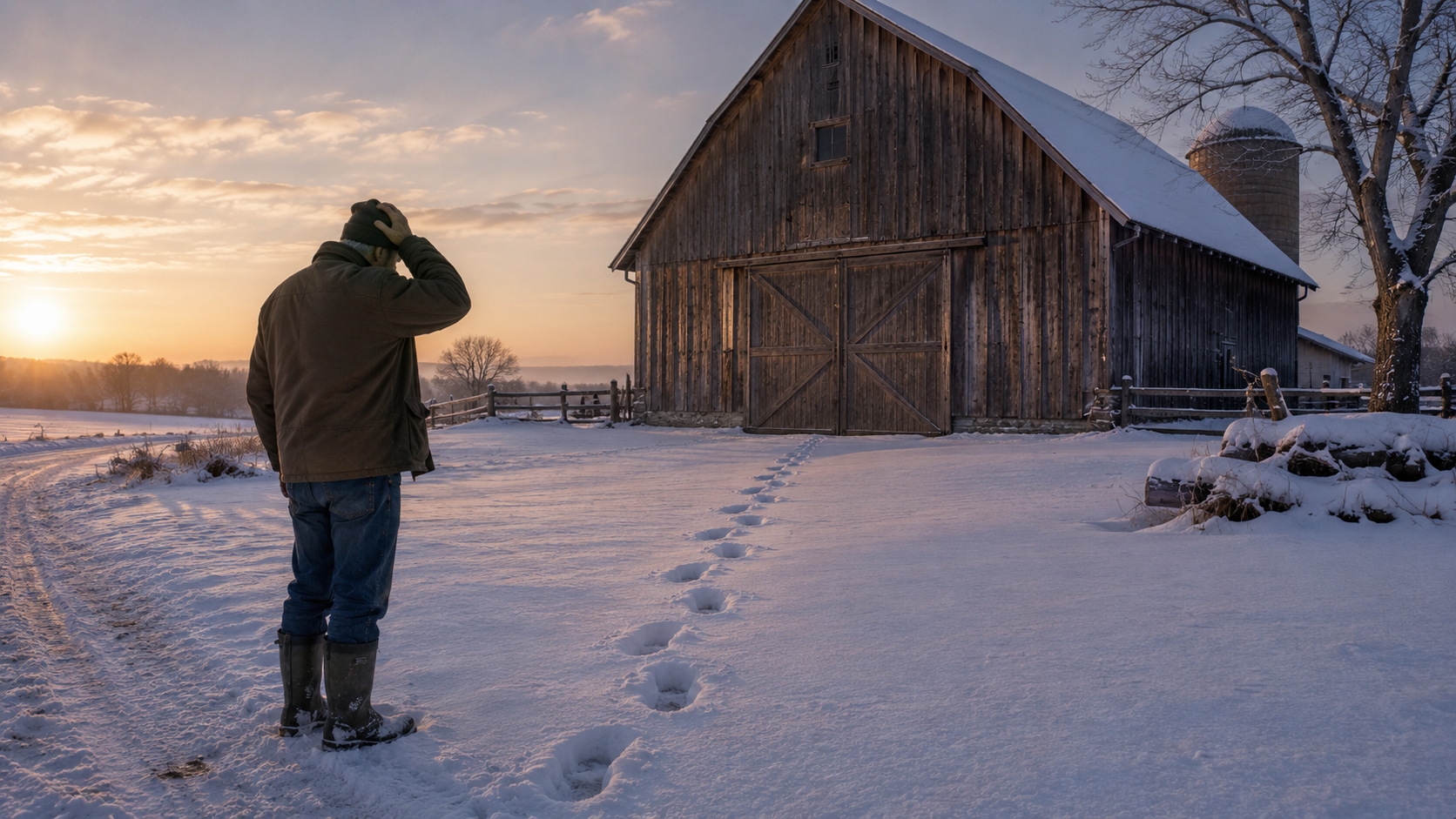 A snowy farmyard with a locked barn, one trail of footprints, and a puzzled farmer.